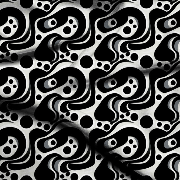 Jet Black Bold Abstract Swirls And Dots Print Fabric