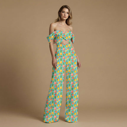 cerulean blue tropical print fabric draped — maxi dress styling