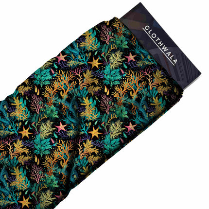 teal green tropical all-over print pattern — medium scale repeat layout
