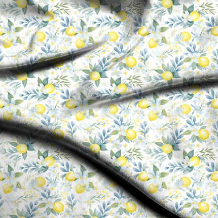 lemon yellow floral digital print fabric texture — medium scale closeup