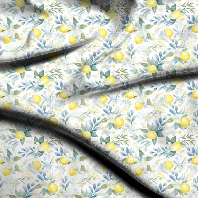 lemon yellow floral digital print fabric texture — medium scale closeup