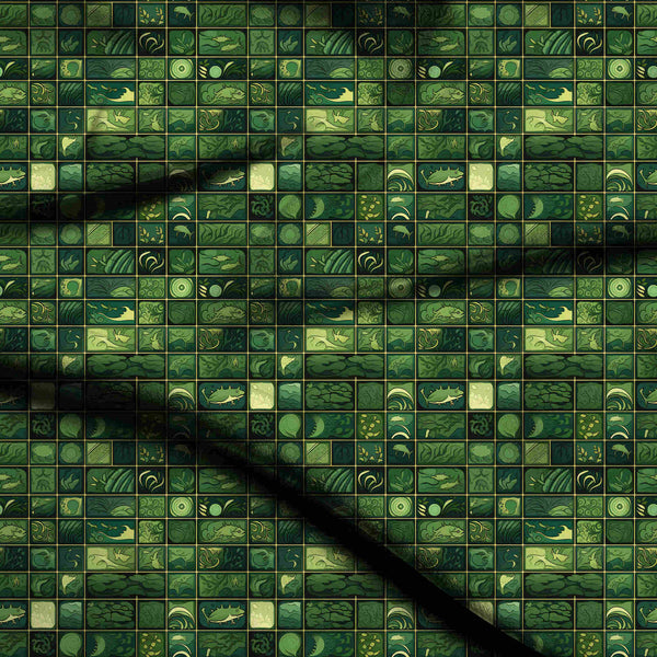 Forest Green Artisanal Grid Of Aquatic Life Print Fabric