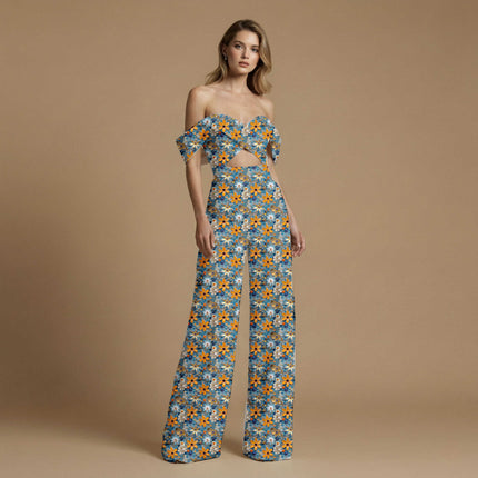 golden yellow floral all-over print pattern — large scale repeat layout