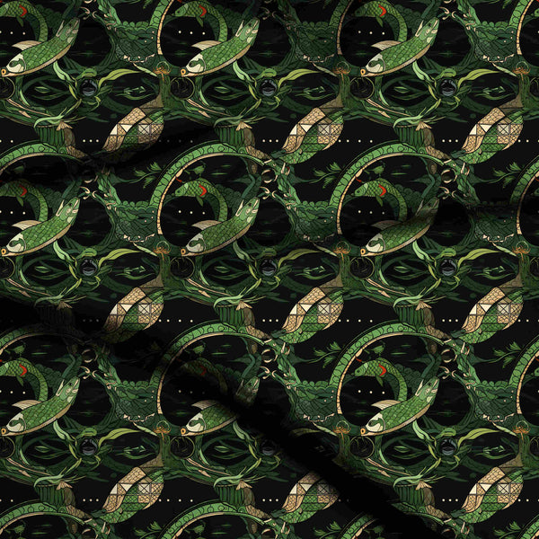 Forest Green Mythical Serpentine Creatures And Fish Print Fabric