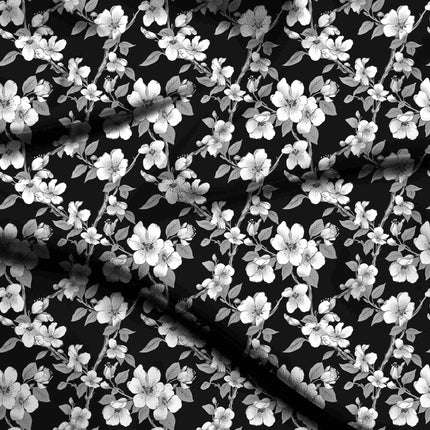 jet black floral digital print fabric texture — medium scale closeup