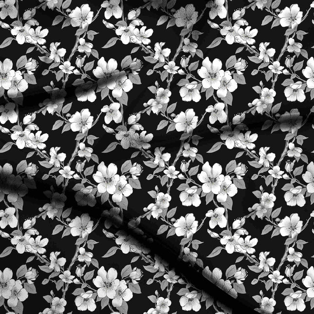 jet black floral digital print fabric texture — medium scale closeup