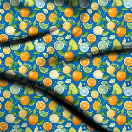 cobalt blue tropical digital print fabric texture — medium scale closeup