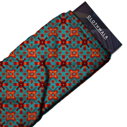 vibrant teal geometric print fabric draped — palazzo pants styling
