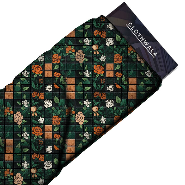 Forest Green Floral Digital Print Fabric | Saree Lehenga Dupatta | Wedding Fabric | Cottagecore | Poly Crepe Digital Print - Image 2