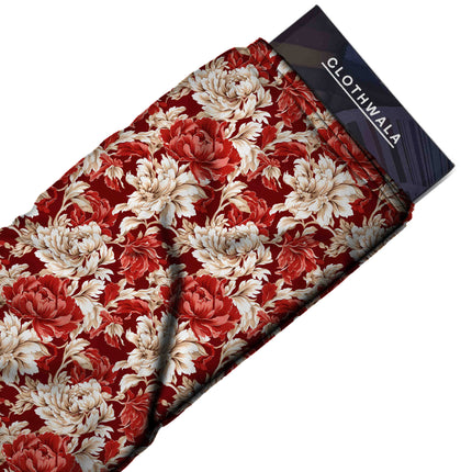 crimson red floral all-over print pattern — large scale repeat layout