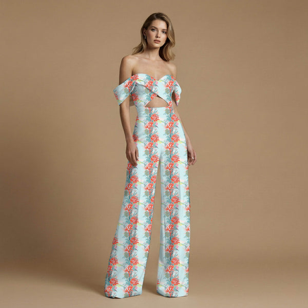 Pale Blue Vibrant Coral And Rose Print Fabric