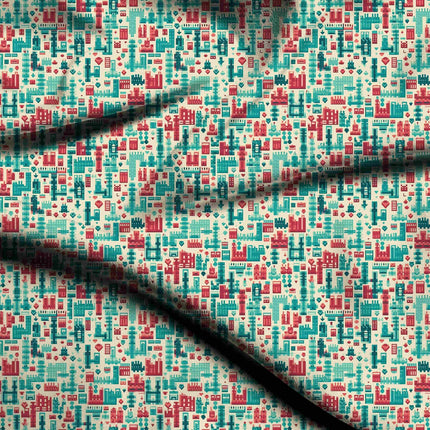 teal geometric print fabric draped — kurta set styling