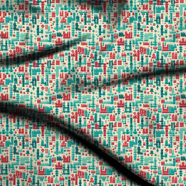 teal geometric print fabric draped — kurta set styling