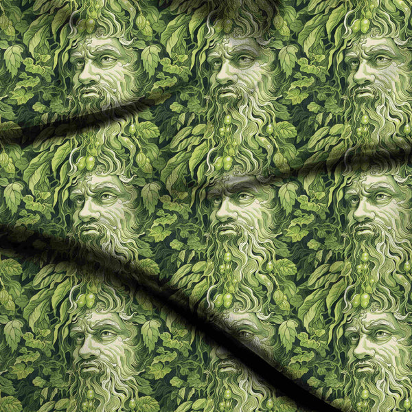 Forest Green Mythological Green Man Face Emerging Print Fabric