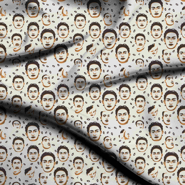 Ivory Cream Stylized Portrait Repeat Print Fabric