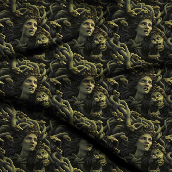 Moss Green Sculptural Repeating Medusa Head Motif Print Fabric