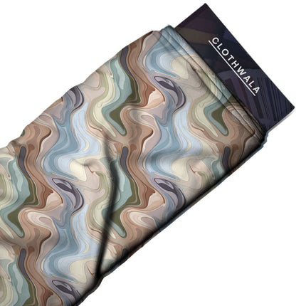 dusty blue abstract print fabric draped — kaftan styling