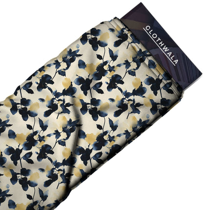 indigo blue floral fabric detail — matte finish digital print closeup
