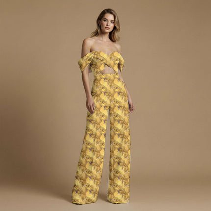 saffron yellow animal print fabric draped — jumpsuit styling