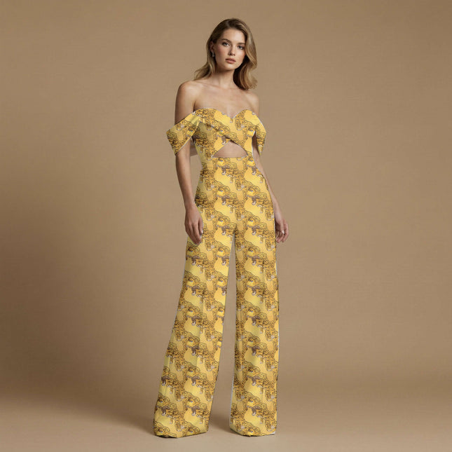 saffron yellow animal print fabric draped — jumpsuit styling