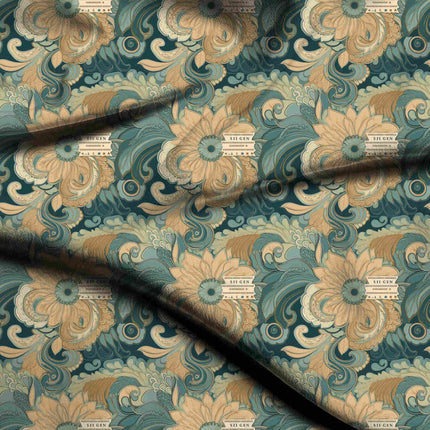 deep teal floral digital print fabric texture — large scale closeup