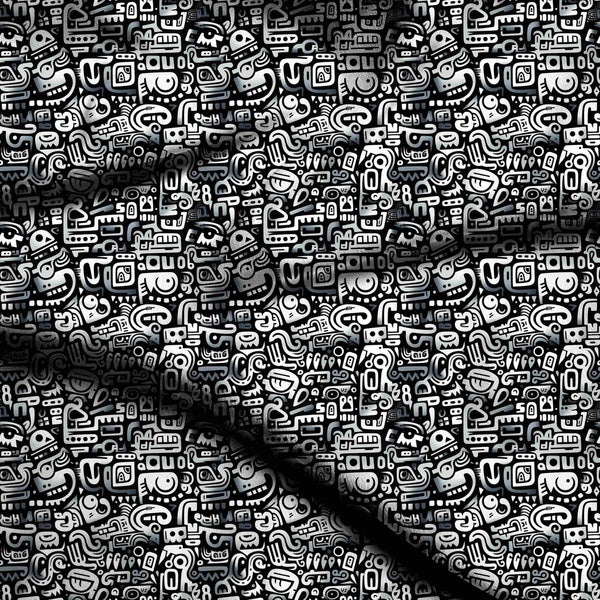 Black Intricate Monochrome Abstract Glyphs Print Fabric