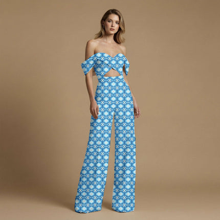 cobalt blue geometric all-over print pattern — medium scale repeat layout