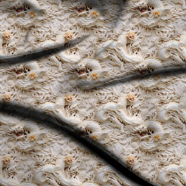 Ivory Cream Intricate Carved Dragon And Floral Print Fabric
