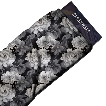 jet black floral all-over print pattern — large scale repeat layout