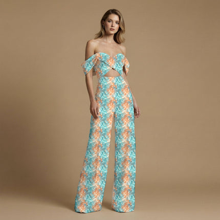 teal geometric print fabric draped — maxi dress styling