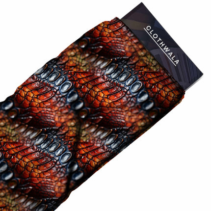fiery crimson animal fabric detail — glossy finish digital print closeup