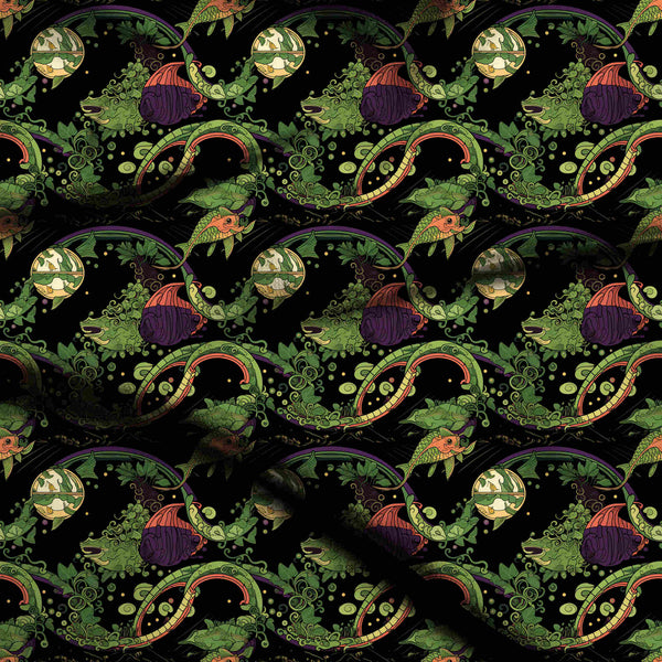 Moss Green Fantastical Swirling Fish And Botanicals Print Fabric