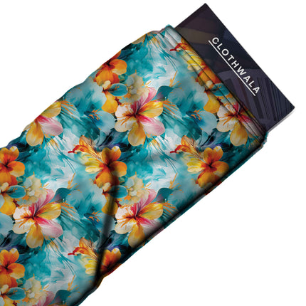 Teal Floral Digital Print Fabric for Dress | Casual Wear - Image 2