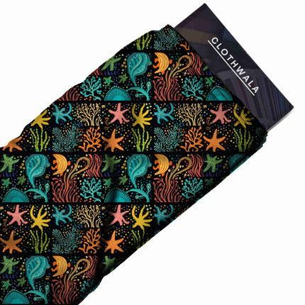 teal tropical fabric detail — digital print closeup