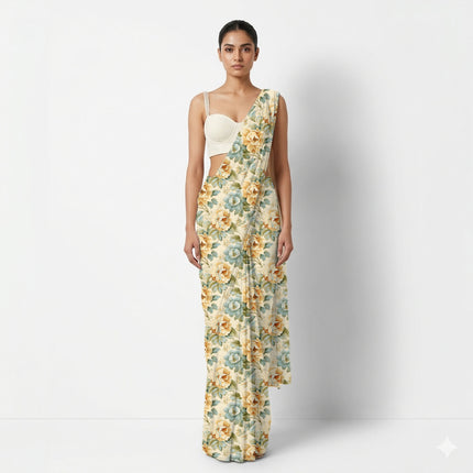 Ivory Cream Floral Digital Print Fabric for Saree | Ethereal Ethnic Wear - Image 7