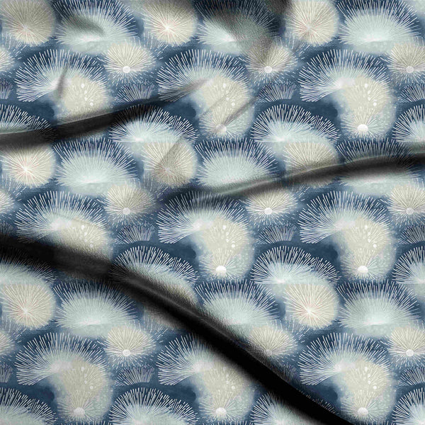 Deep Indigo Ethereal Watercolor Fan-shaped Floral Motifs Print Fabric