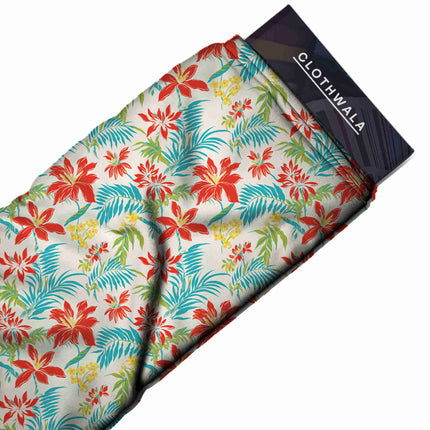 poppy red tropical print fabric draped — kurta set styling