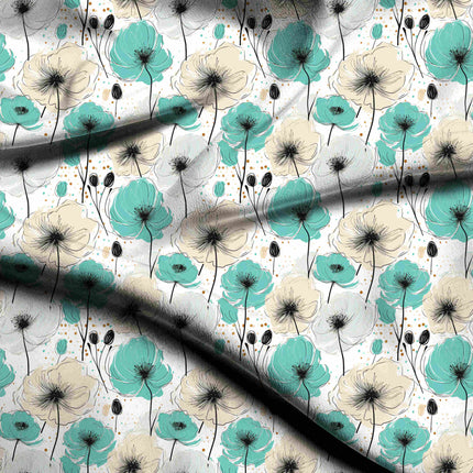 Teal Blue Floral Digital Print Fabric for Dress | Puja Wear - 5513