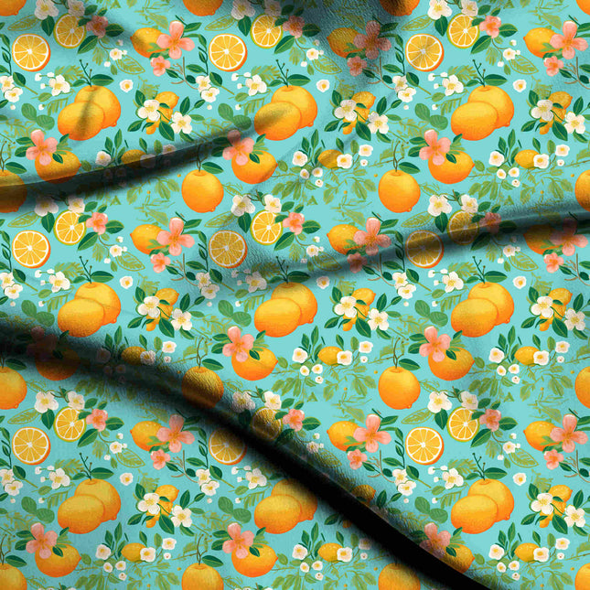 teal blue floral digital print fabric texture — medium scale closeup