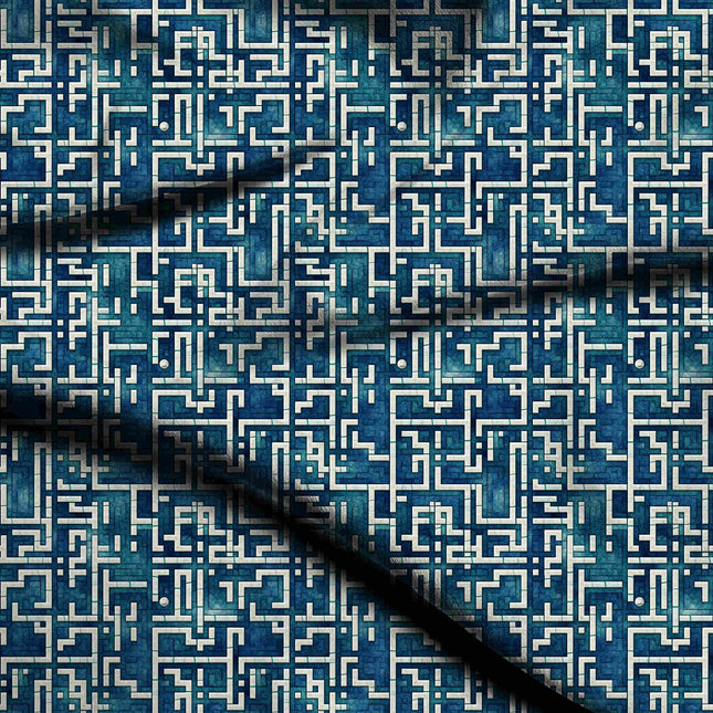 deep teal geometric digital print fabric texture — medium scale closeup