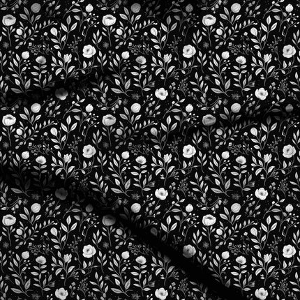 jet black floral digital print fabric texture — fine scale closeup