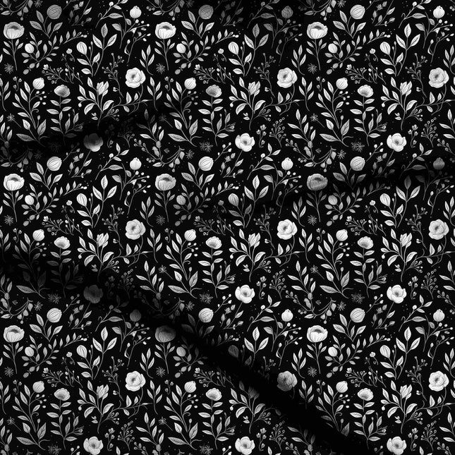 jet black floral digital print fabric texture — fine scale closeup