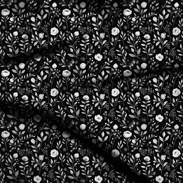 Jet Black Delicate Trailing Floral And Leaf Print Fabric