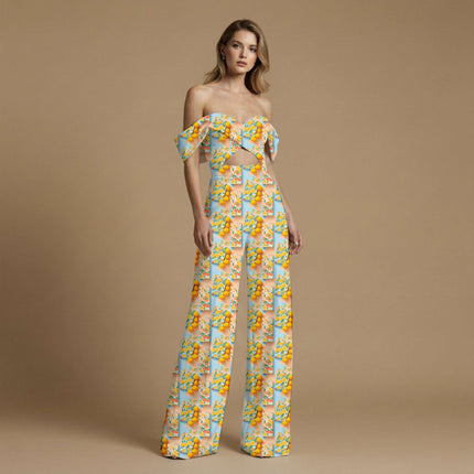 lemon yellow tropical print fabric draped — co-ord set styling