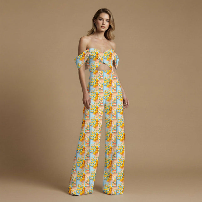 lemon yellow tropical print fabric draped — co-ord set styling