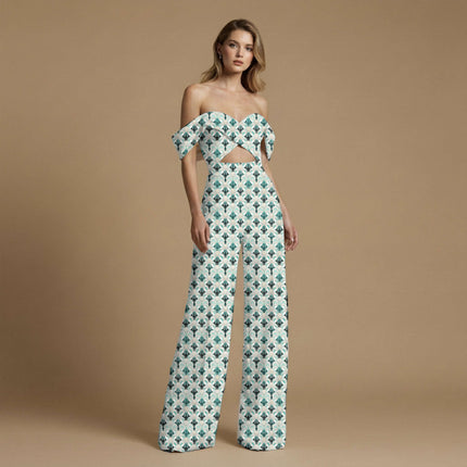 teal geometric all-over print pattern — medium scale repeat layout