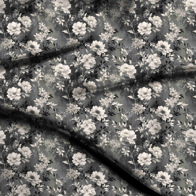 charcoal grey floral digital print fabric texture — medium scale closeup