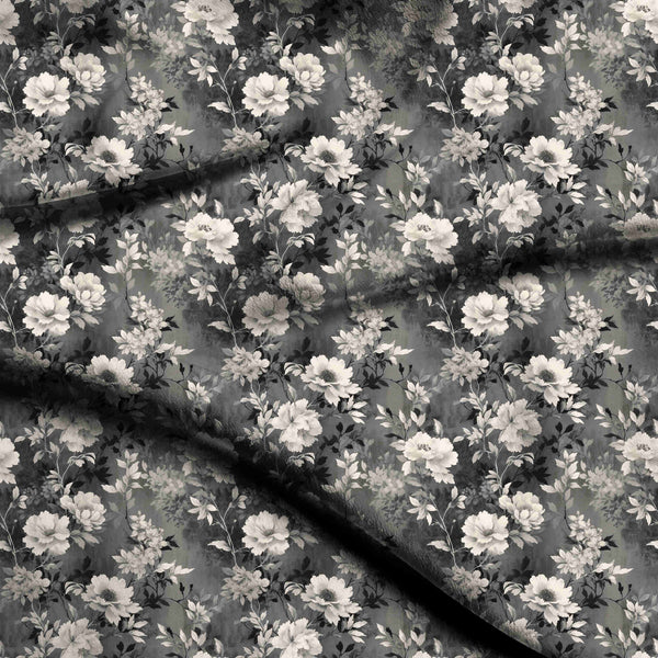 Charcoal Grey Monochromatic Painterly Peonies Print Fabric