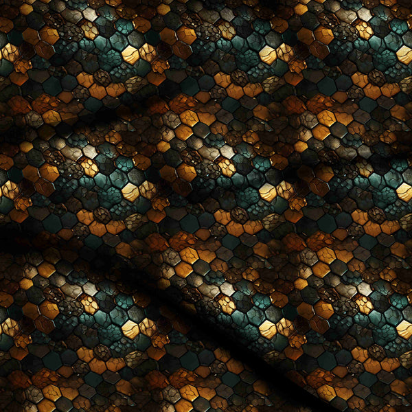 Antique Gold Textured Hexagonal Scales Print Fabric