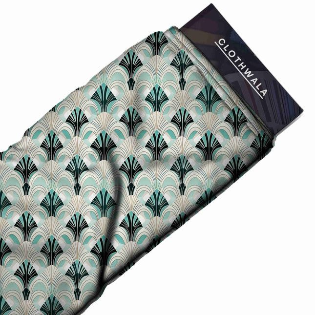 teal geometric print fabric draped — co-ord set styling